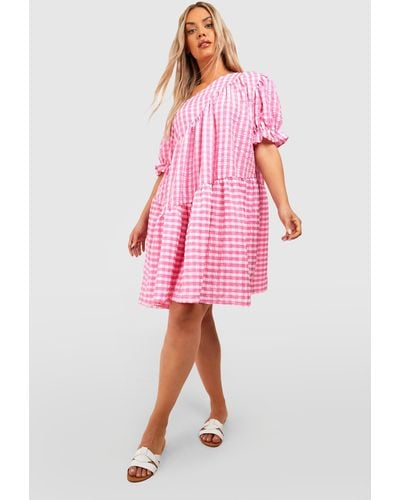 Boohoo Plus Gingham Textured Tiered Smock Dress - Pink