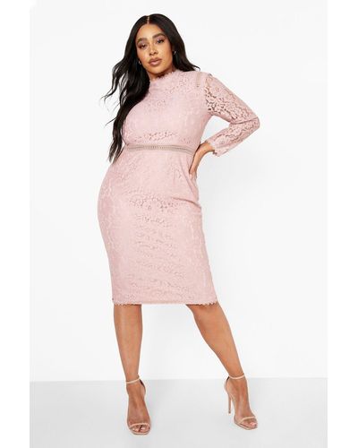 Boohoo Plus Lace Long Sleeve Midi Dress - Pink