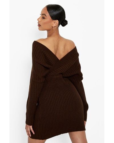 Boohoo Off The Shoulder Rib Knit Dress - Brown