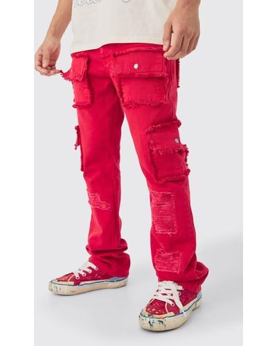 BoohooMAN Slim Rigid Flare Distressed Pocket Jeans In Red