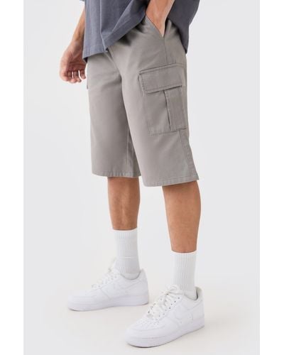 BoohooMAN Elastic Waist Grey Relaxed Fit Longer Length Cargo Shorts - Grau