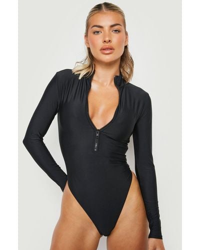Boohoo Long Sleeve Zip Up Bathing Suit - Black