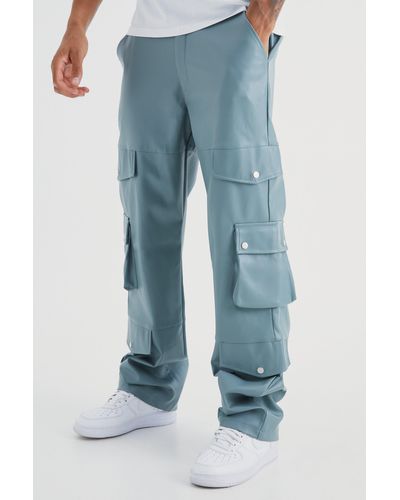 BoohooMAN Tall Fixed Relaxed Multi Cargo Pu Trouser - Blue