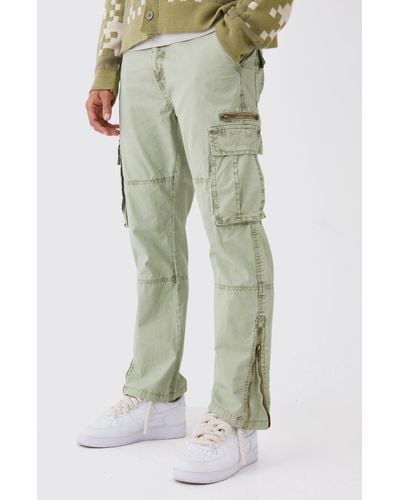 BoohooMAN Straight Leg Overdye Acid Wash Multi Zip Cargo Trouser - Green