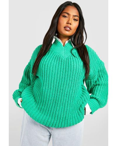 Boohoo Plus Collared Shirt Balloon Sleeve V Neck Sweater - Green