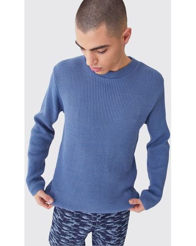 Boohoo Regular Crew Neck Two Tone Rib Knitted Sweater - Blue