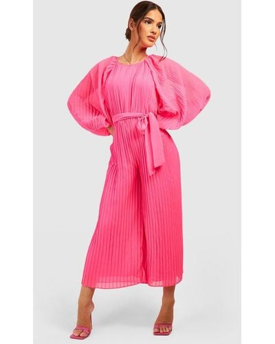 Boohoo Pleated Long Sleeve Culotte Jumpsuit - Pink