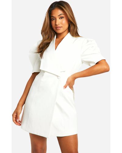Boohoo Petite Bow Detail Puff Sleeve Blazer Dress - White