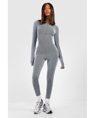 Boohoo Two Tone Rib Long Sleeve Zip Through Unitard Jumpsuit - Grey
