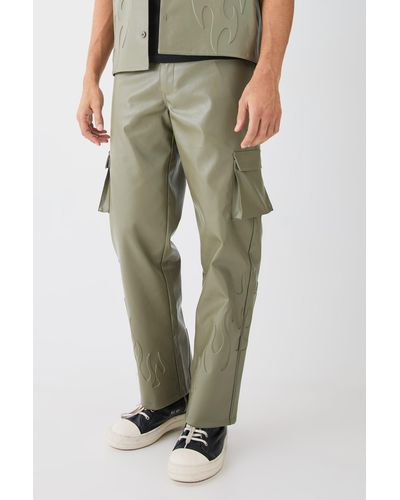 Boohoo Pantalón Holgado De Cuero Sintético Con Llamas En Relieve Y Cintura Fija - Verde