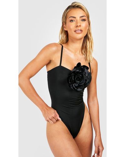 Boohoo Rose Corsage Strappy Bathing Suit - Black