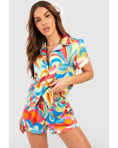 Boohoo Abstract Print Satin Pyjama Short Set - Multicolour