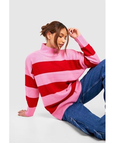 Boohoo Tall Roll Neck Stripe Sweater - Red