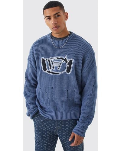 Boohoo Oversized Boxy Laddered Applique Knit Sweater - Blue