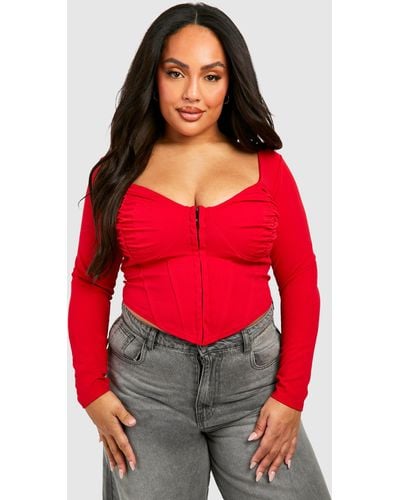 Boohoo Plus Ruched Detail Hook And Eye Corset Top - Red
