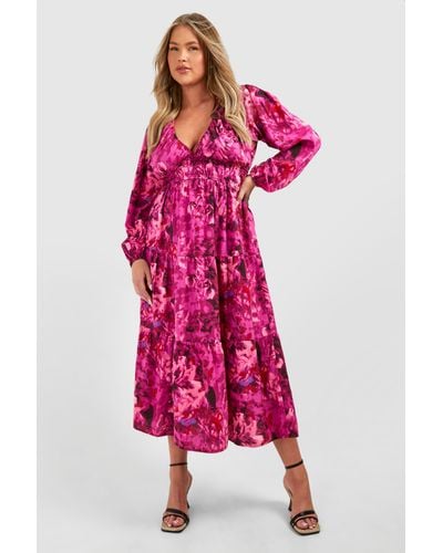 Boohoo Plus Woven Floral Print Long Sleeve V Neck Midi Dress - Pink