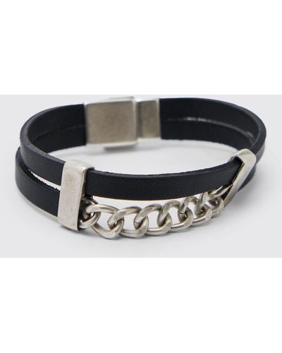 BoohooMAN Leather Look Strap Chain Bracelet - Black