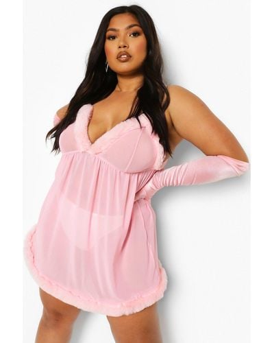 Boohoo Plus Fluffy Cup And Mesh Babydoll - Pink