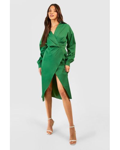 Boohoo Wrap Midi Shirt Dress - Green
