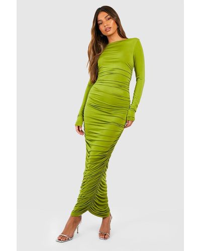 Boohoo Slinky Long Sleeve Midaxi Dress - Green