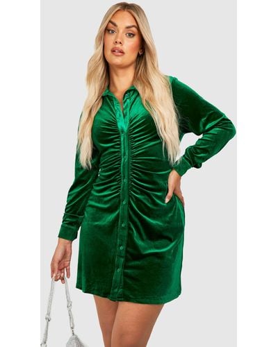 Boohoo Plus Velvet Ruched Detail Shirt Dress - Green