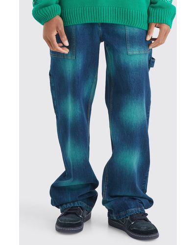 BoohooMAN Baggy Rigid Tie Dye Jeans In Green - Blue