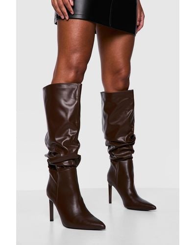 Boohoo Wide Fit Ruched Stiletto Pointed Toe Boots - Brown