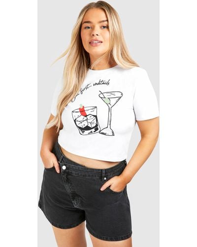 Boohoo Plus But First Cocktails Baby Tee - White