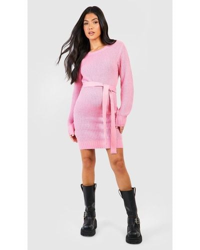 Boohoo Maternity Soft Knit Tie Waist Sweater Dress - Pink