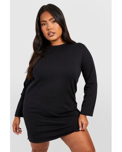 Boohoo Plus Cotton Long Sleeve Split T-shirt Dress - Black