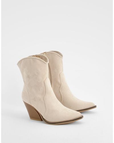 Boohoo Embroidered Calf High Western Boots - Natural