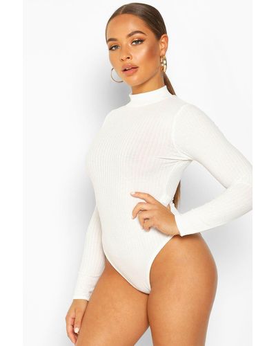 Boohoo Turtle Neck Long Sleeve Knitted Rib One Piece - White