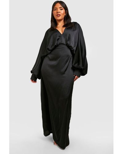 Boohoo Plus Satin Plunge Blouson Sleeve Maxi Dress - Black