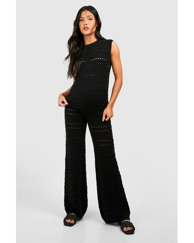 Boohoo Maternity Crochet Tunic And Wide Leg Pants Knitted Set - Black