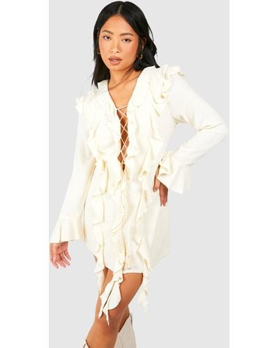 Boohoo Petite Linen Ruffle Boho Mini Dress - White
