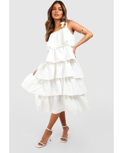 Boohoo Ruffle Tiered Midi Dress - White