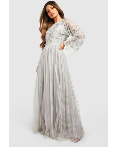 Boohoo Bridesmaid Hand Embellished Long Sleeve Maxi Dress - Gray