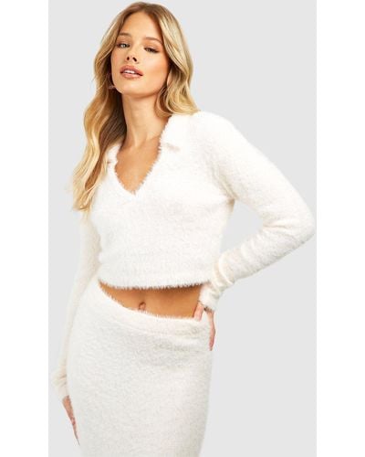 Boohoo Polo Collar Fluffy Knit Sweater - White