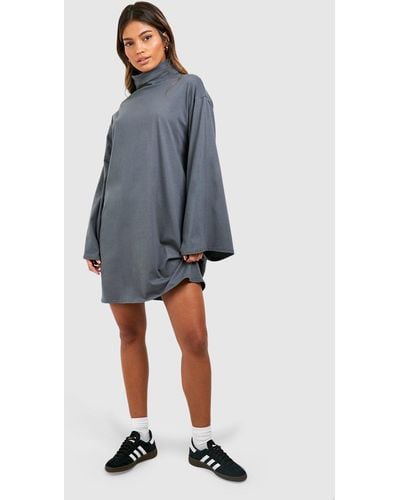 Boohoo Roll Neck Flare Sleeve Cotton T-shirt Dress - Gray