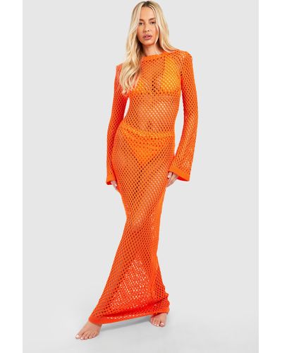 Boohoo Tall Crochet Scoop Back Maxi Dress - Orange