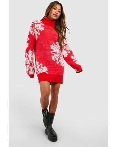 Boohoo Roll Neck Snowflake Fluffy Knit Christmas Sweater Dress - Red