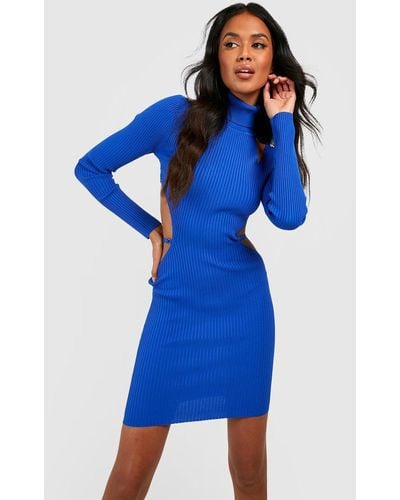 Boohoo High Neck Cut Out Strappy Back Knitted Mini Dress - Blue