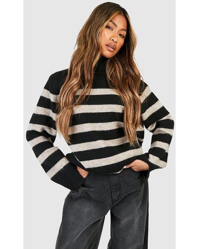 Boohoo Roll Neck Oversized Stripe Sweater - Black