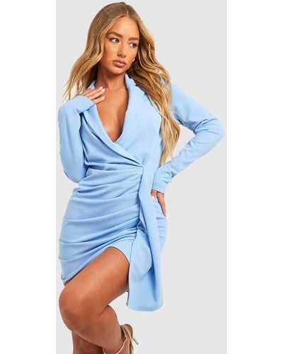 Boohoo Ruched Drape Long Sleeve Blazer Dress - Blue