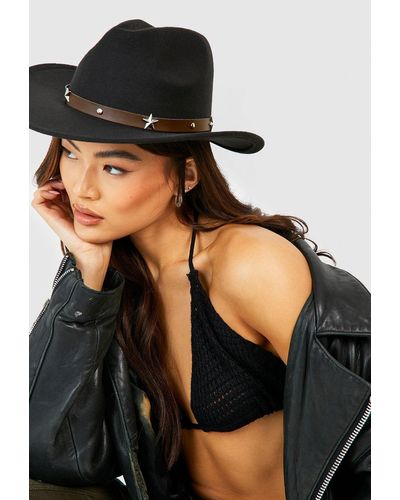 Boohoo Black Star Studded Trim Western Cowboy Hat
