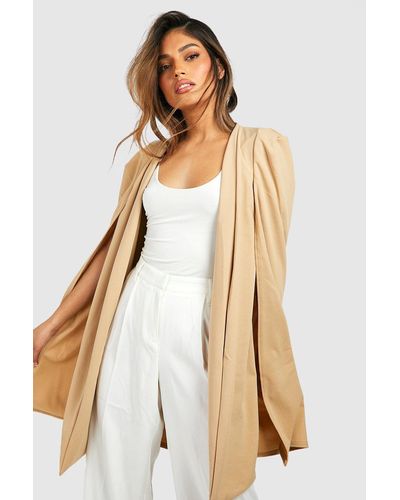 Boohoo Longline Tailored Jersey Knit Crepe Cape - Natural