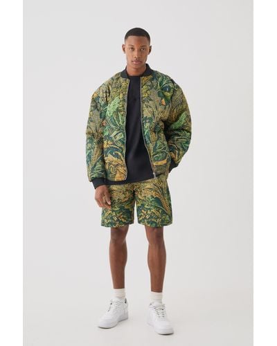 BoohooMAN Square Quilted Tapestry Short & Bomber Jacket Set - Green