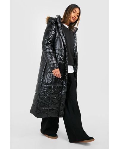 Boohoo Maxi Cire Paneled Padded Jacket With Faux Fur Trim - Black