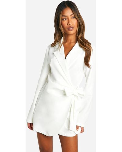 Boohoo Wrap Drape Front Tailored Blazer Dress - White