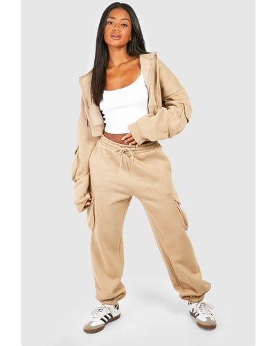 Boohoo Cargo Pocket Cropped Hoodie Tracksuit - Natural